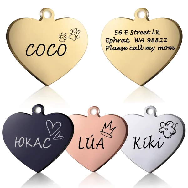 (3pcs) Dog ID Heart Tag Custom Personalized Cat Collar Pendant Engraved Pet Necklace Chain Charm Supplies For Name Products